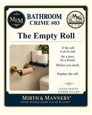 The Empty Roll: Bathroom Crime No. 03 with the Mirth and Manners character logo